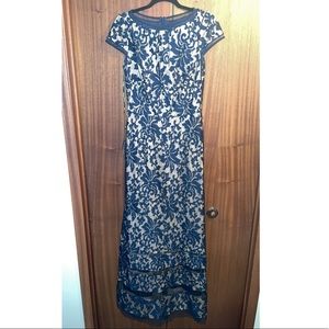 Blue and gold lace evening gown.